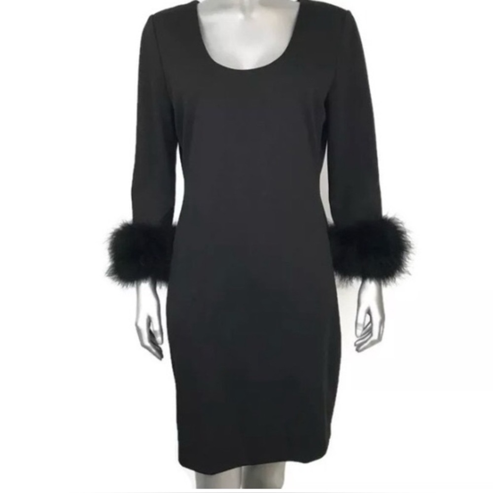 Calvin Klein Black Cocktail Dress Feather Cuffs Sz L